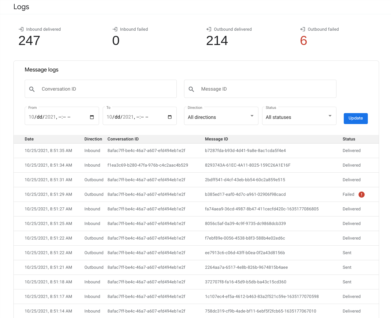 Log debug yang menampilkan status Terkirim dan Gagal