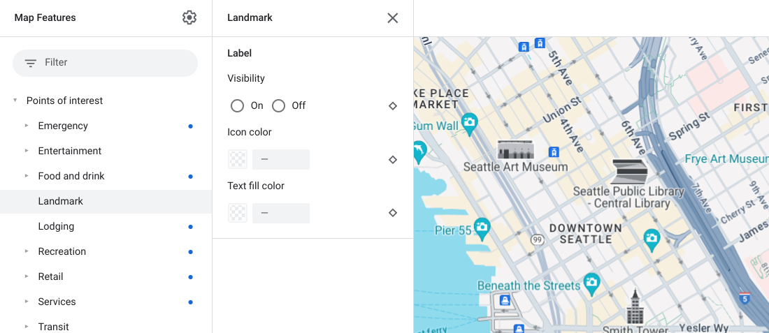 A map of downtown Seattle showing distinctive POI icons and the element pane to toggle visibility, icon color, and text color.