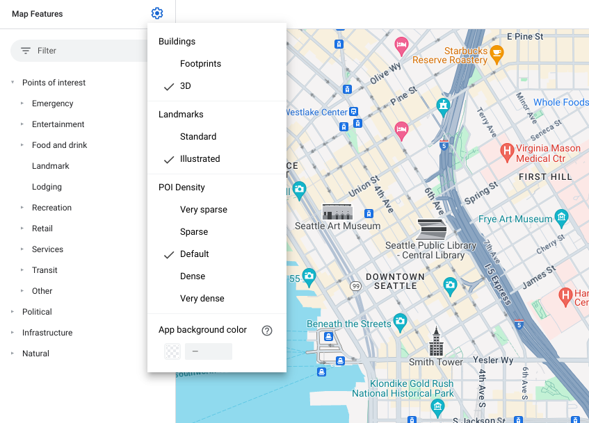 A map of downtown Seattle showing distinctive POI icons: a small black-and-white line art illustration of the POI in question such as Smith Tower. These markers are about twice to three times the size of a standard POI marker including the marker background.