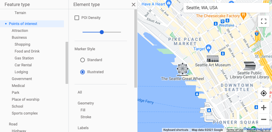 特別なスポット マーカー（対象のスポットの小さなモノクロの線画のイラスト）を示す地図のスクリーンショット。このマーカーは、標準スポット マーカーのサイズ（マーカーの背景を含む）の約 2～3 倍のサイズで表示されます。