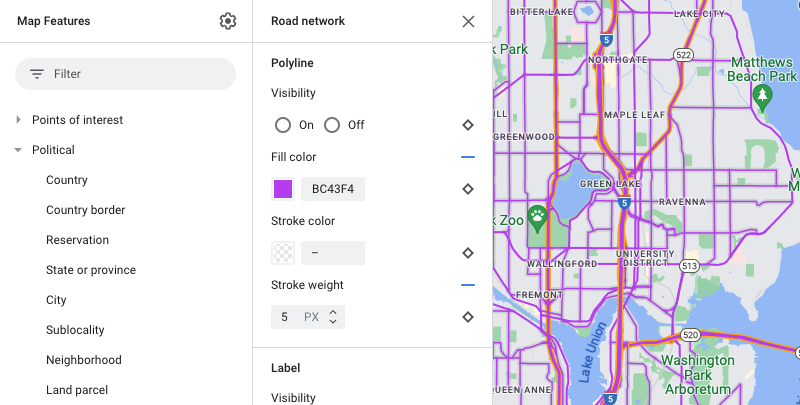 Map style showing road network fill color changes