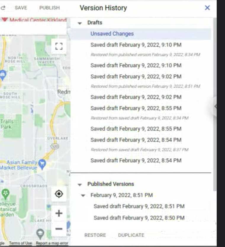 צילום מסך של העיצובים של מפות Google חלונית הגרסאות במסוף Google Cloud. הלחצנים &#39;שמירה&#39; ו&#39;פרסום&#39; נמצאים מעל לחלונית, הלחצנים &#39;שחזור&#39; ו&#39;העתקה&#39; ספציפיים לגרסה ומופיעים בתחתית חלונית היסטוריית הגרסאות. בנוסף, מוצגות כמה גרסאות שפורסמו וגרסת טיוטה.