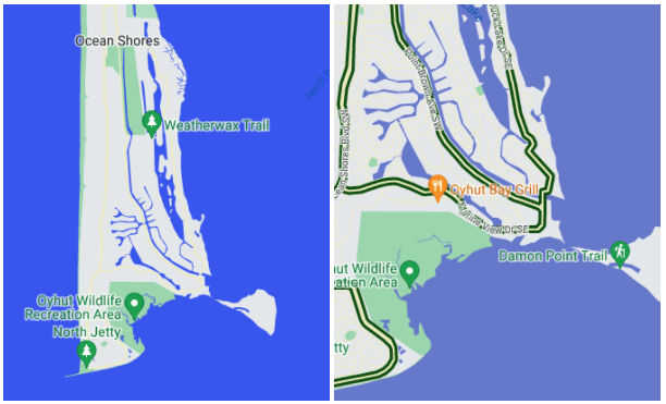 カスタム スタイル付き地図のスクリーンショット 2 枚。左側は、やや濃い青色の水域に囲まれた土地を表しています。右側は、地図上でレベル 1 にズームインした同じエリアを表しています。水域が、左側の地図よりも少し明るい青色になっています。