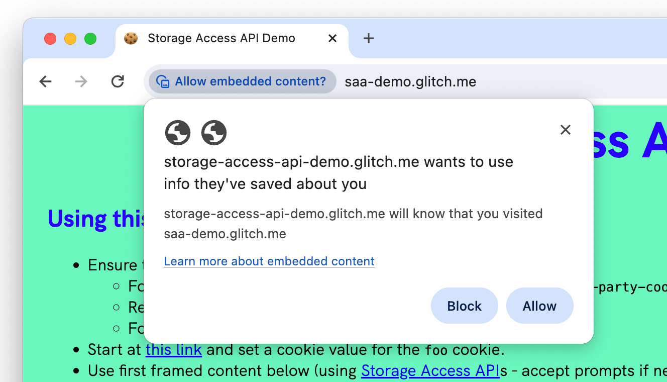 Chrome Storage Access API 權限提示