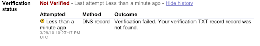 Un messaggio di errore relativo a una verifica DNS non riuscita