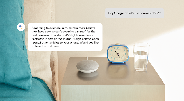 exemple d&#39;élément pouvant être énoncé illustrant une conversation avec Google Home. Une personne demande à Google Home quelles sont les dernières nouvelles de la NASA. Google Home répond avec une liste de trois articles d&#39;actualité.