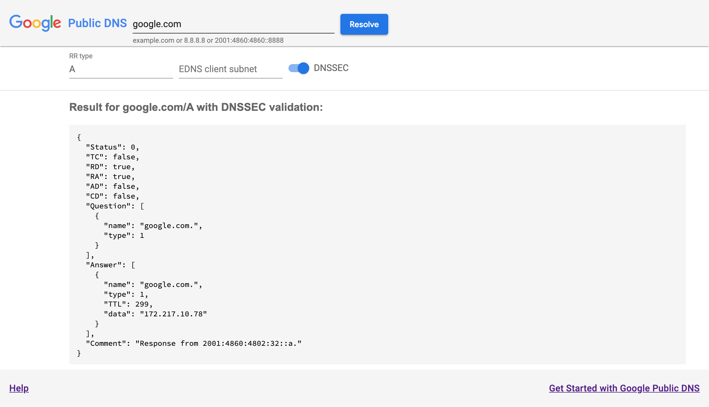 Page d&#39;informations sur le DNS public de Google